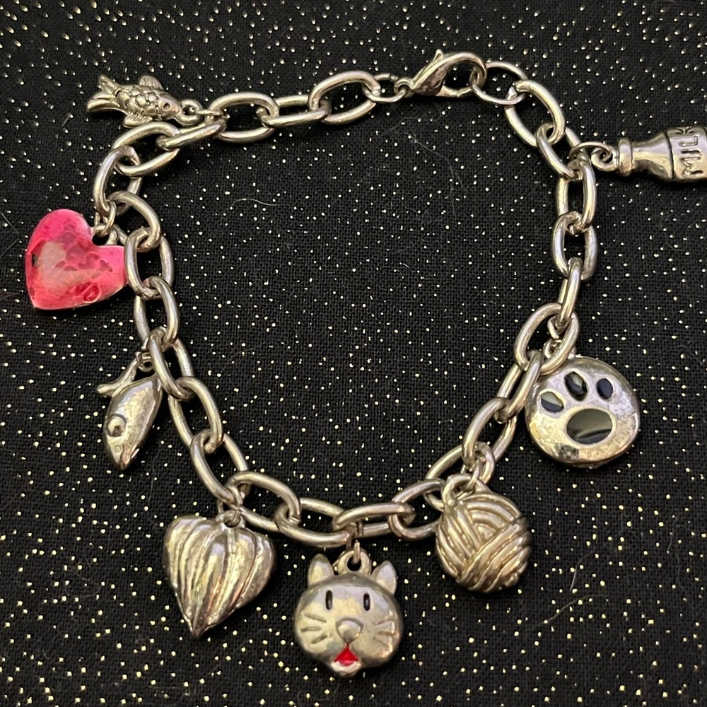 Cat Themed Silver Tone Charm Bracelet